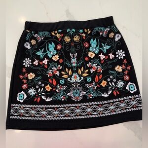 Boho Folk Print Mini Skirt Black Stretch Bodycon Festival Vacation Size L
